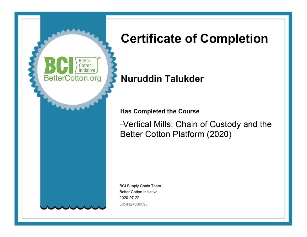 BCI -Vertical Mills Chain of Custody and the Better Cotton Platform (2020)