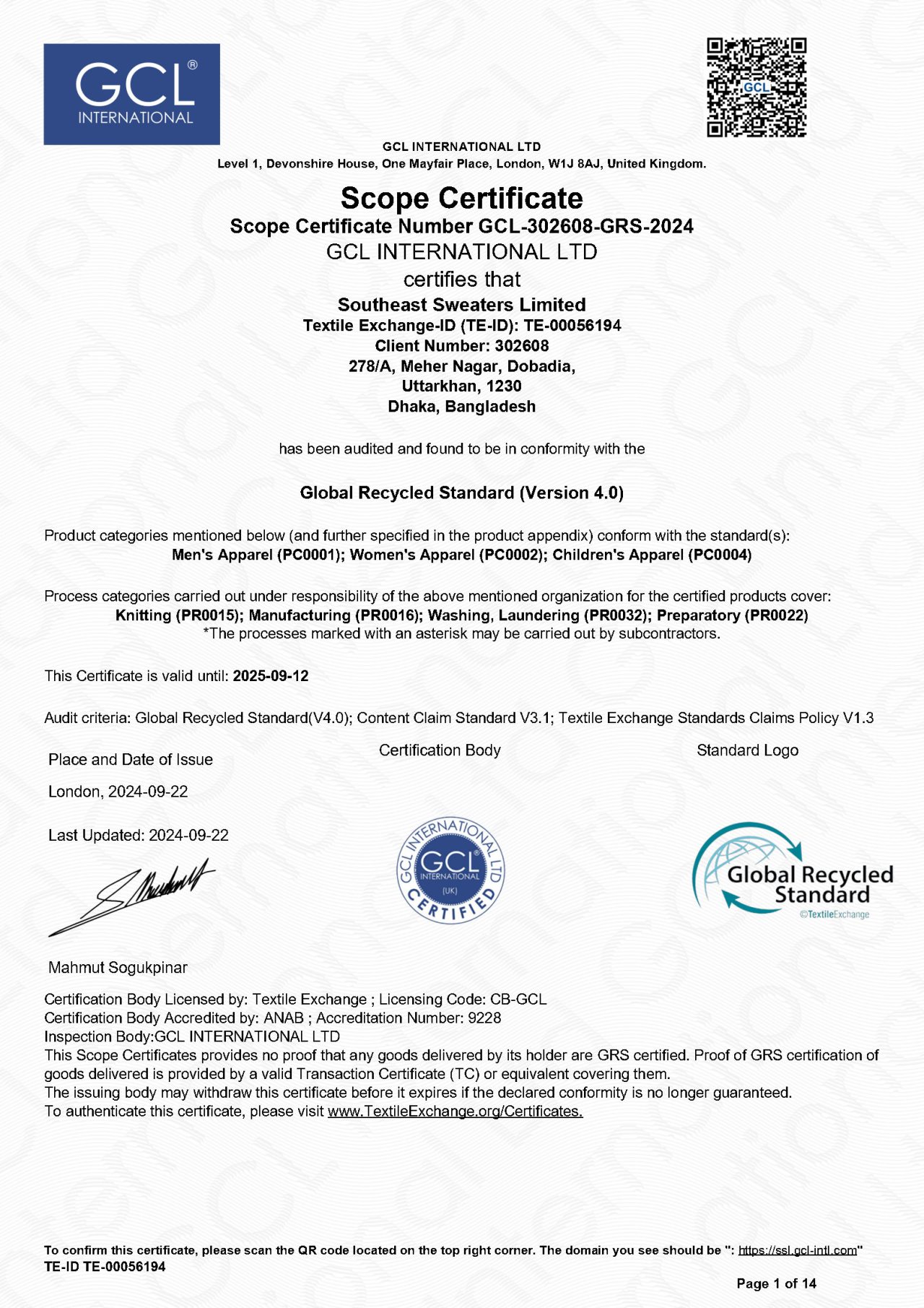 GRS Certificate Southeast Sweaters Limited-1